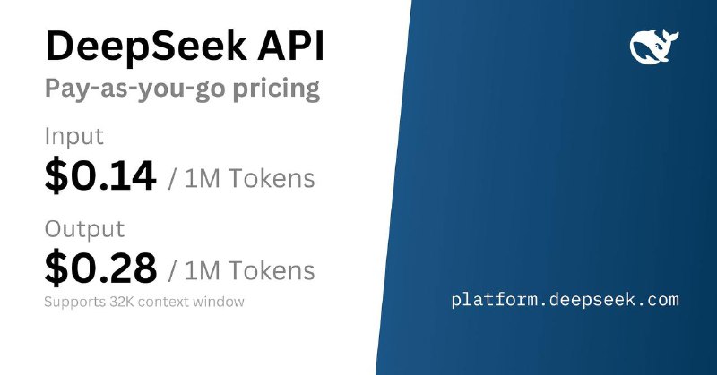Deepseek恢复API充值Deepseek官网恢复API充值，每百万输入 tokens 2 元，每百万输出 tokens 8 元