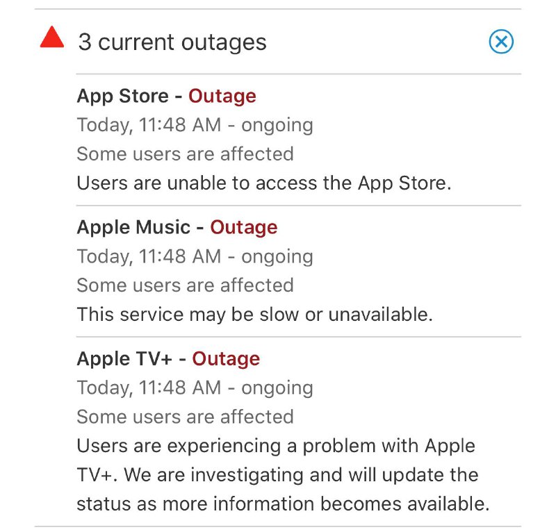  Apple部分服务访问受阻Apple系统状态页面显示，今日 11:48 开始，App Store、Apple Music、Apple TV+ 三项服务出现故障，部分用户受到影响