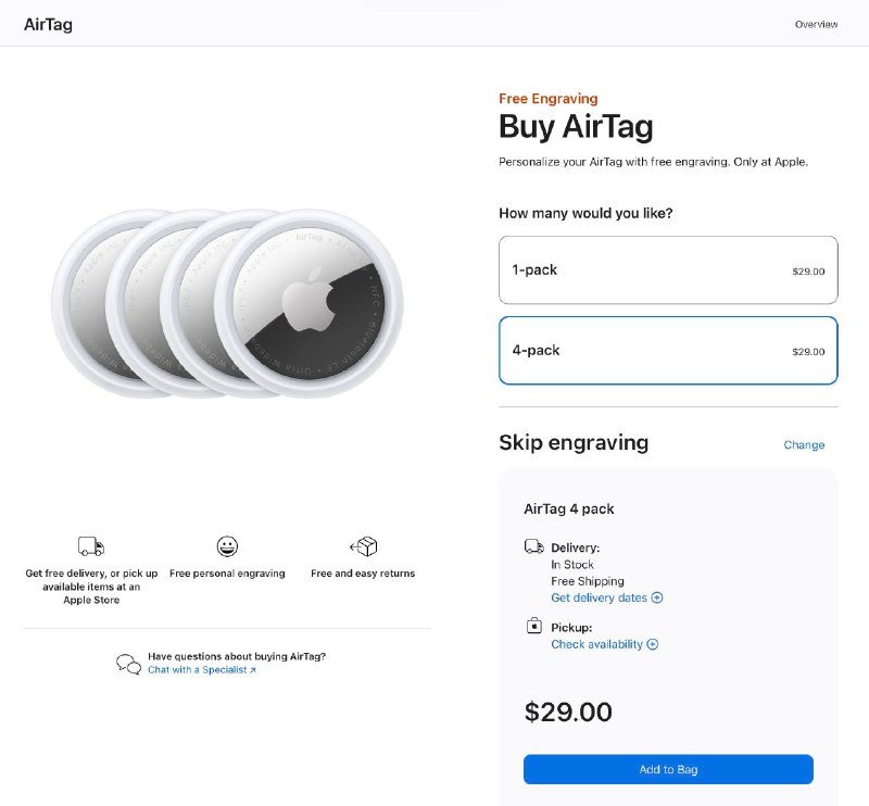 美国Apple Store AirTag买一送三Apple StoreApple 已修复定价错误，AirTag 4 件装又回到了 99 美元