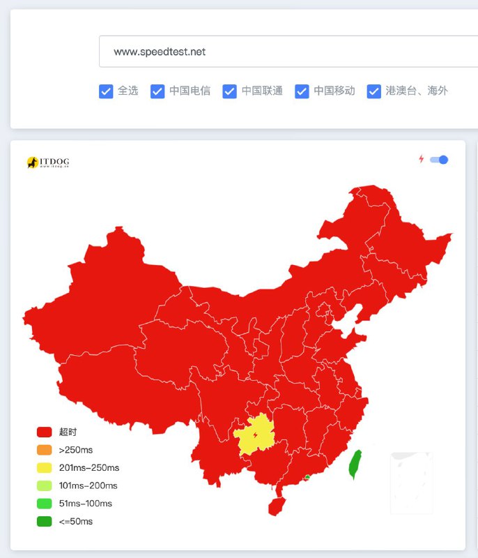 著名测速平台Speedtest刚刚被大陆GFW拦截Speedtest 官网被墙， APP 无法连接网络，三网测速失效， 确认被GFW防火墙拦截