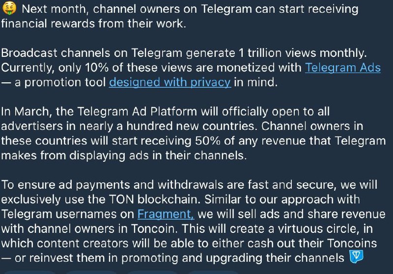 Telegram广告平台将向更多国家与地区开放3月份，Telegram广告平台将正式向近百个新国家的所有广告商开放