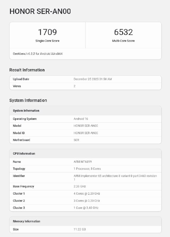 荣耀 Power2 外观和跑分信息曝光，搭载天玑 D8500 处理器荣耀 Power2 新机跑分信息已出，处理器为天玑 D8500，Geekbench 6 单核成绩约 1700，多核约 6500