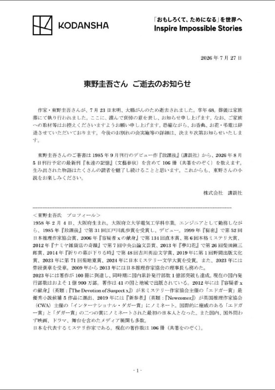 日本作家东野圭吾因大肠癌去世，享年 68 岁以《嫌疑人 X 的献身》等作品引领日本推理文坛的作家东野圭吾于 7 月 23 日因大肠癌去世，享年 68 岁