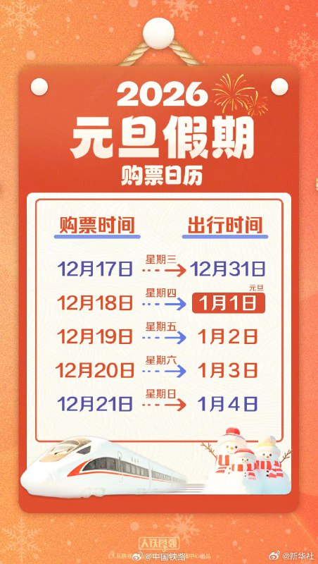 今天起，2026元旦假期火车票将陆续开售！新华社🍀在花频道  🍵茶馆  📮投稿新鲜事