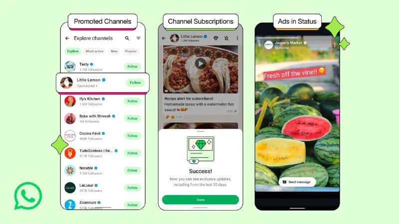 Whatsapp将在「更新」标签页展示广告Meta宣布从2025年6月16日起，WhatsApp将在“Updates”（状态/频道）标签页投放广告，Meta宣称广告会保障隐私，仅以国家设置、语言、频道互动等数据实现精准投放