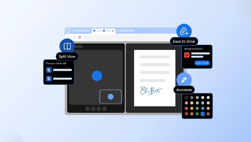  Google Chrome 推出分屏与 PDF 批注等三项生产力功能Google 宣布为 Chrome 浏览器推出三项生产力新功能，涵盖分屏模式（Split view）、PDF 批注及直接保存至 Google Drive