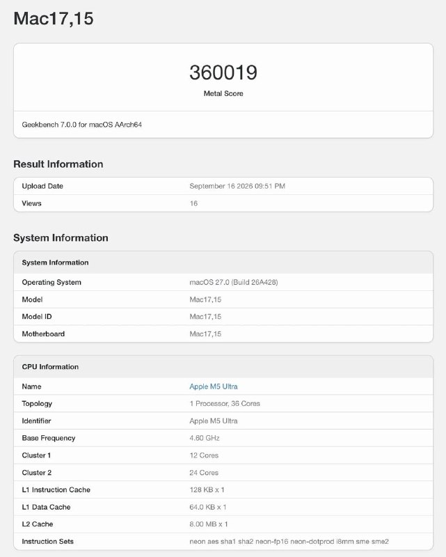 Apple M5 Ultra 跑分泄露，Metal 超过 RTX 5090泄露数据显示，Apple M5 Ultra 在 Metal 项目中得分 360,019，高于 RTX 5090 的 OpenCL 350,160；但在 Vulkan 项目中，RTX 5090 以 375,290 分领先