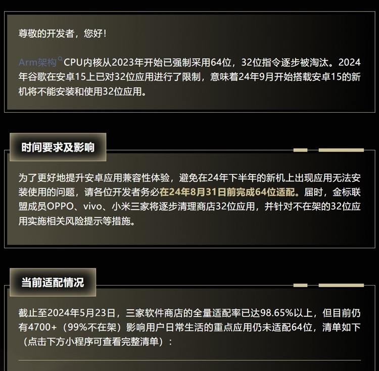 金标联盟发布64位适配推进及未适配应用清单截止至2024年7月26日，OPPO、VIVO、小米、联想四家的全量适配率已达99.1%以上，目前仍有4100+（99%不在架）影响用户日常生活的重点应用仍未适配64位，较上月减少了700+