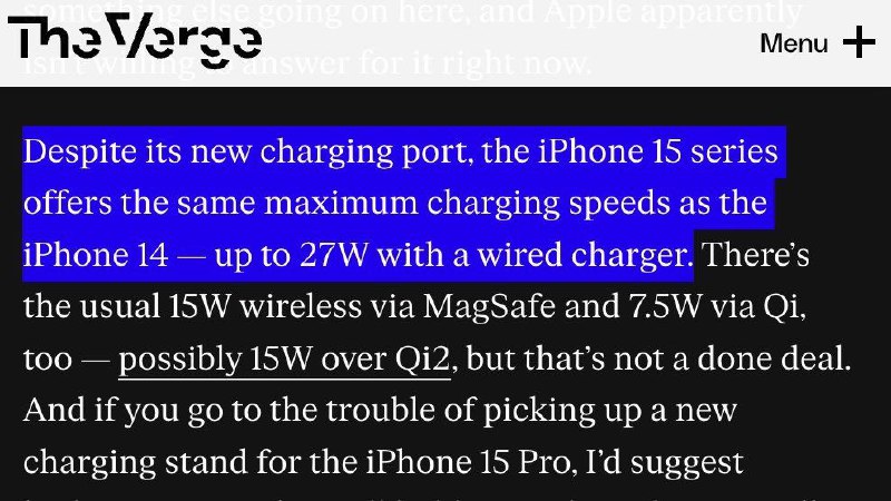 iPhone 15系列提供了与 iPhone 14相同的充电最大速度ーー使用有线充电器可以达到27W