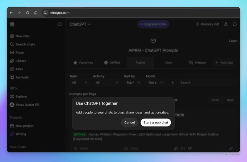  OpenAI 测试 ChatGPT “群聊”功能OpenAI正测试ChatGPT的群聊与私信功能，用户可通过网页端的“开始群聊”按钮生成邀请链接加入群聊，并查看历史消息