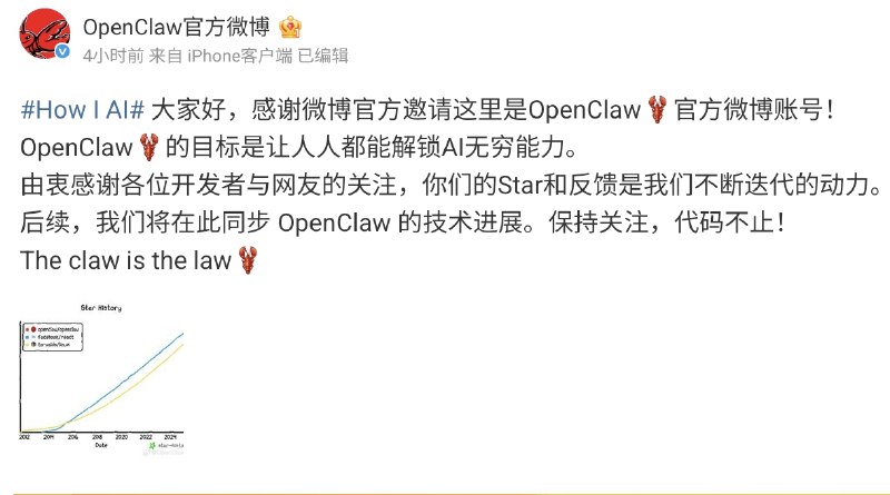OpenClaw 开通官方微博，25.2万 Star 位居全球软件星标榜首OpenClaw 官方微博账号发文称，感谢微博官方邀请入驻，并表示 OpenClaw 的目标是“让人人都能解锁 AI 无穷能力”