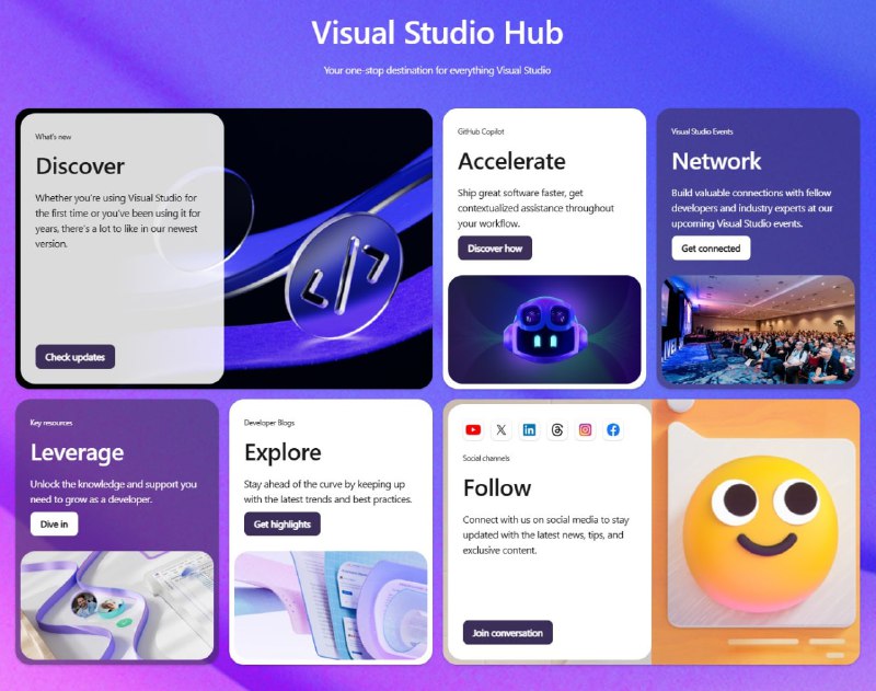 微软宣布推出一站式 Visual Studio 资源平台 — Visual Studio Hub微软宣布推出一站式 Visual Studio 资源平台 — Visual Studio Hub，通过 Visual Studio Hub 网页，开发者可以追踪 Visual Studio 的产品最新更新、重要资源链接、产品博客内容和官媒信息等