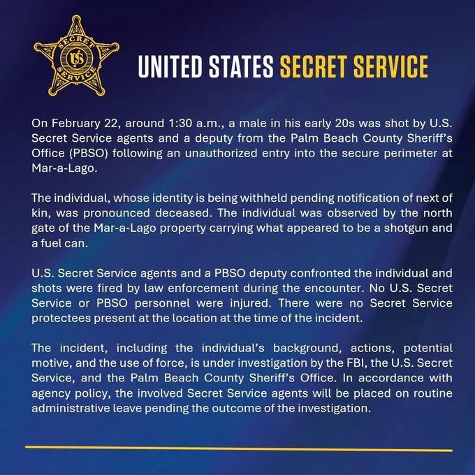 一男子持枪闯入海湖庄园被击毙，FBI 已介入调查当地时间 2 月 22 日凌晨 1 时 30 分许，一名携带汽油罐和猎枪的男子因非法闯入特朗普位于佛罗里达州的私人住所海湖庄园（Mar-a-Lago）周界，被执法人员击毙