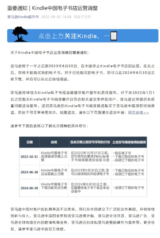 亚马逊Kindle中国电子书店将停止运营‼️亚马逊将于一年之后即2023年6月30日，在中国停止Kindle电子书店的运营