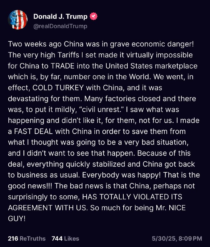 特朗普称高关税施压致中美紧急达成协议，并指责中方违约特朗普表示由于美方对中国实施高额关税，导致中国经济面临严重危机，多家工厂关闭并引发社会动荡