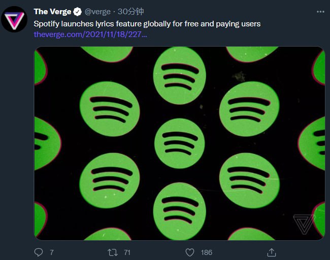 Spotify现在向全球用户推送歌词服务，此前只有部分地区有！（不过我还没收到推送 shit🥲）via Suik 频道投稿：@zaihuabot关注频道：@TestFlightCN