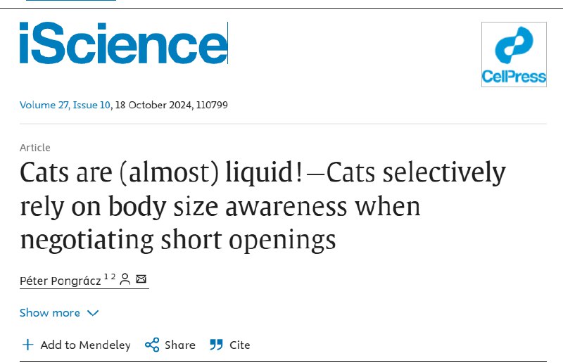 猫猫果然是水做的匈牙利Eötvös Loránd大学的研究团队近日在《iScience》杂志上发表了一项关于猫身体意识的研究，揭示了猫在通过狭小空间时的行为策略