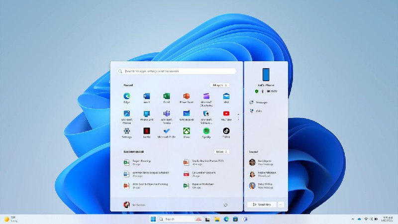 Windows 11开始菜单新增手机互联功能微软在Windows 11测试版中推出手机深度互联功能，用户可通过开始菜单直接绑定安卓或iPhone设备