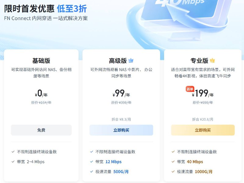 飞牛NAS系统上线高速内网穿透付费服务高级版：12Mbps / 500G/月 / ¥99/年专业版：40Mbps / 1000G/月 / ¥249/年 → 首发价 ¥199/年流量只在中继状态下计算，公网、局域网、P2P接连均不计算