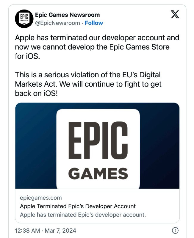 苹果终止了Epic Games的开发者账户，并称其为“不可信实体”在Epic CEO Tim Sweeney批评了苹果在欧盟法例的新举措后，苹果终止了 Epic Games其中一个名为"Epic Games Sweden AB"的开发者帐户，并称该公司为“不可信实体”