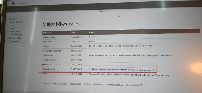  疑似泄露显示谷歌Gemini 3.0或于10月22日发布一张据称来自谷歌内部里程碑日历的图片在社交媒体流传，显示Gemini 3.0可能在10月22日正式发布