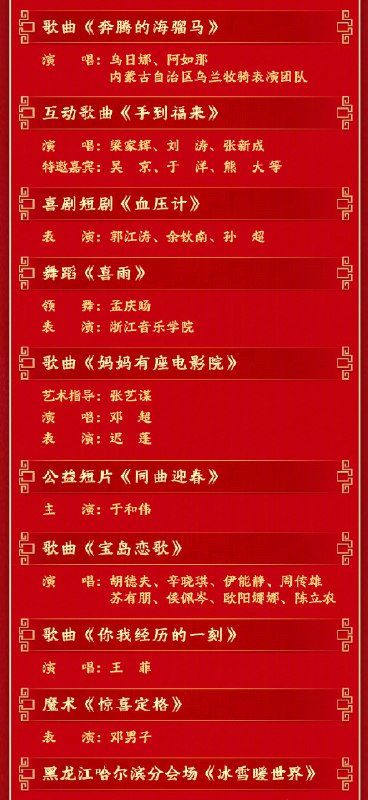 中央广播电视总台 2026 年春晚节目单春晚🍀在花频道  🍵茶馆聊天  📮投稿中央广播电视总台 2026 年春晚节目单春晚🍀在花频道  🍵茶馆聊天  📮投稿