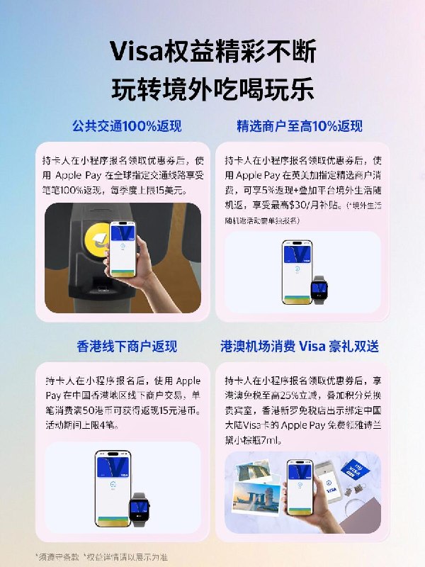 Visa 绑定 Apple Pay 重磅权益上新使用 Visa 卡绑定 Apple Pay 解锁专属礼遇上新，包括境外 Apple 零售店返现（随机 10-50 美元）、Apple Pay 多笔返现（上限 6 美元）、新加坡线下商户返现 10%、首笔 100% 返现（封顶 3 美元）、公共交通 100% 返现（每季度 15 美元）、精选商户至高 10% 返现、香港线下商户返现和港澳机场消费 Visa 豪礼双送