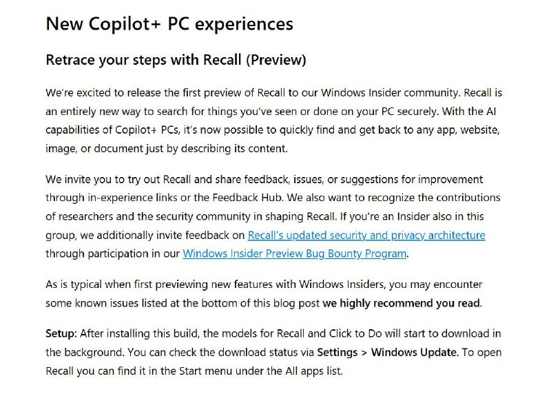Recall 功能现已在安装 Windows 11 Dev 的 Copilot+ PC 上使用如何设置： 安装此版本后，Recall 和 Click to Do 的模型将开始在后台下载，可以通过 "设置">"Windows 更新"查看下载状态