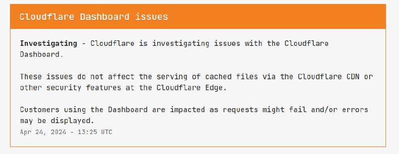 北京时间 2024 年 4 月 24 日 21:25 起，Cloudflare Dashboard 进入不可用维护状态关注频道 @TestFlightCN北京时间 2024 年 4 月 24 日 21:25 起，Cloudflare Dashboard 进入不可用维护状态关注频道 @TestFlightCN