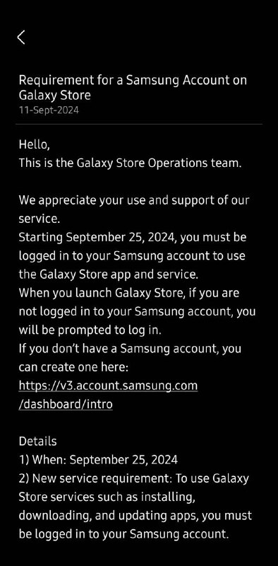 Galaxy Store 应用商店自9 月 25 日起下载应用需先登录账号三星将调整 Galaxy Store 应用商店的规则，在未登录三星账号的情况下，用户无法下载应用程序