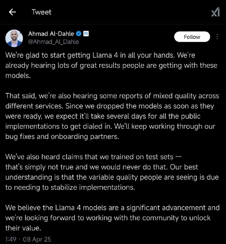 Meta高管否认Llama 4分数造假Meta生成AI副总裁否认了公司为提高新模型Llama 4在特定基准测试中的表现而进行调整的传言，称其“根本不属实”