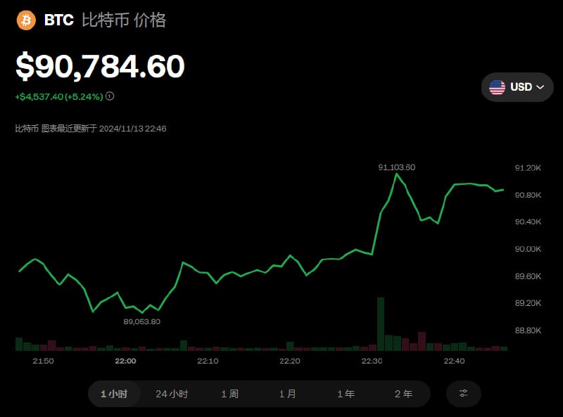 比特币首次突破9万美元大关 年内价格翻倍比特币震荡走高，首次站上9万美元大关，短暂触及91000美元，年内涨超110%币圈有风险，投资需谨慎📮投稿  ☘️频道  🌸聊天
