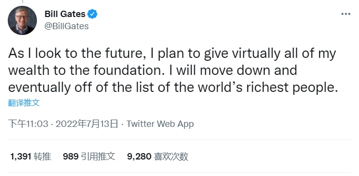比尔・盖茨称计划捐出所有财富，退出富豪榜微软创办人比尔盖茨（Bill Gates）曾是世界首富的标志性人物，1995 年到 2021 年的 27 年中，有 18 年是世界首富