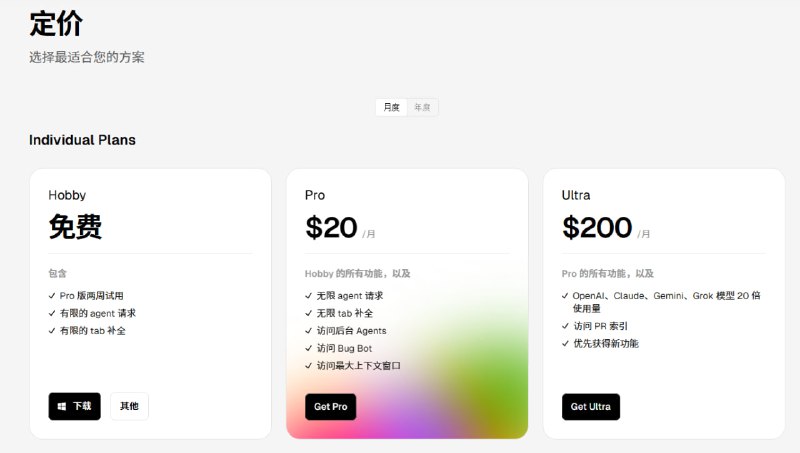 Cursor 推出 Ultra 版订阅，现有 Pro 版套餐升级为不限请求次数新增 Ultra 订阅：推出每月 200 美元的 Ultra 方案，提供比 Pro 方案高 20 倍的使用量，满足高级用户对用量可预测性的需求