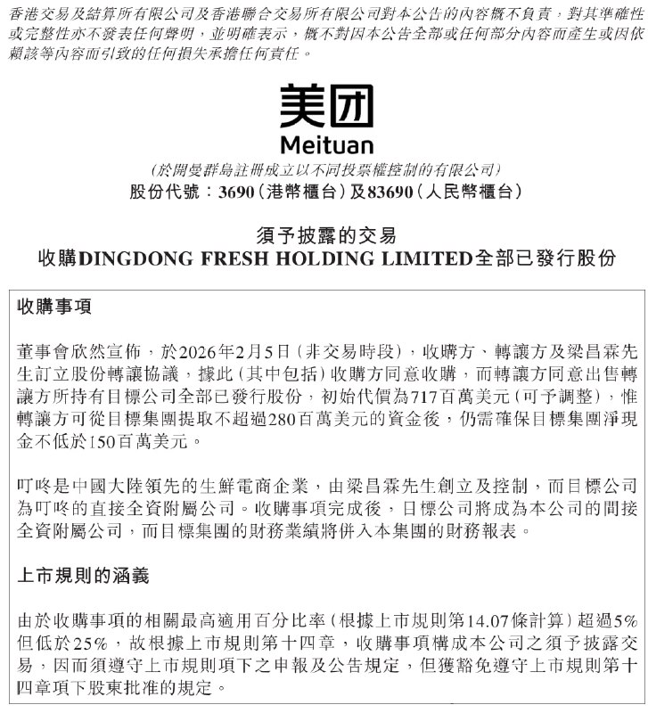  美团拟 7.17 亿美元收购叮咚买菜美团 2 月 5 日在港交所公告，与叮咚买菜创始人梁昌霖签署股份转让协议，拟以 7.17 亿美元收购叮咚买菜全部已发行股份