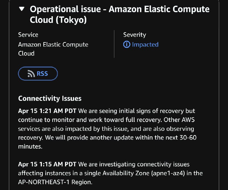 AWS 日本区域出现故障，服务器无法连接今天下午约三点开始，众多开发者和用户回报 AWS 日本区域出现严重故障，服务器和服务无法连接