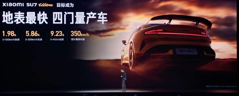 小米发布小米SU7 Ultra量产车配备超级三电机系统、1548PS 马力、零百加速 1.98s，设计最高时速 350km/h​​