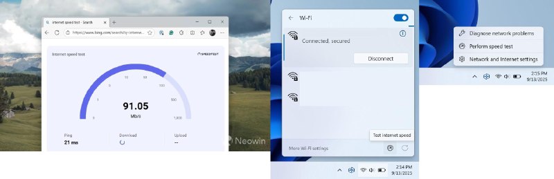 Windows 11任务栏将新增网速测试按钮微软正在Windows 11的开发版和测试版中测试一项新功能：在网络弹出菜单中添加网速测试按钮，位置就在Wi-Fi刷新按钮旁边