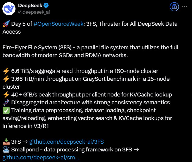DeepSeek 开源日第 5 天：发布高性能并行文件系统 3FS，数据吞吐量高达 6.6 TiB/s2025年2月28日，DeepSeek 在开源周的第五天发布了 3FS（Fire-Flyer File System），这是一个专为现代 SSD 和 RDMA 网络带宽设计的高性能并行文件系统
