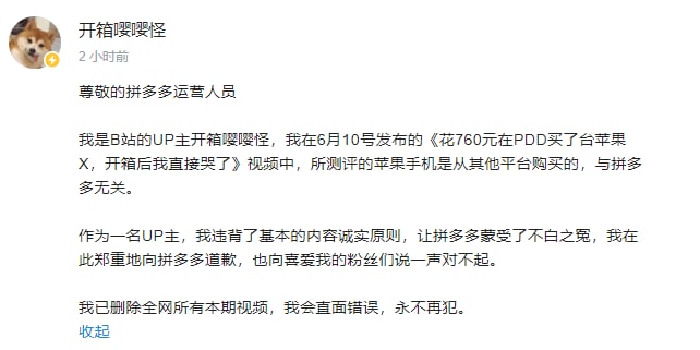 B站 UP 主因视频造假向拼多多致歉，涉事账号被封禁 30 天