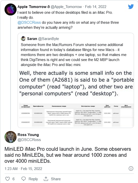 2022年Mini-LED iMac Pro可能在6月推出分析师Ross Young说，配备Mini-LED显示屏的苹果iMac Pro可能在6月推出