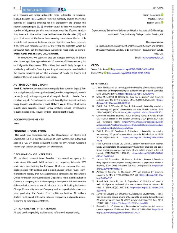 每支烟少活20分钟！最新研究揭示吸烟危害英国伦敦大学学院 (University College London) 的一项最新研究显示，每吸一支烟平均会缩短寿命约20分钟，男性为17分钟，女性为22分钟！这项发表在《Addiction》期刊上的研究，基于英国医生研究 (British Doctors Study) 和百万女性研究 (Million Women Study) 等大型数据，更新了2000年英国医学杂志 (BMJ) 的估算