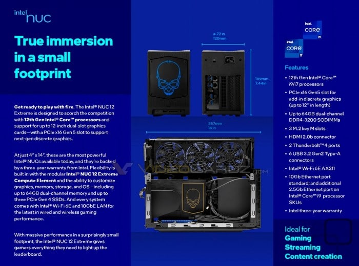 Intel 12代NUC 细节泄露 可升级CPU龙之峡谷将维持当前“猛兽峡谷”(Beast Canyon/NUC 11 Extreme)的身材，仍然是357×189×120mm(约8升)，在首次支持全长显卡的基础上，第一次支持可更换、可升级CPU