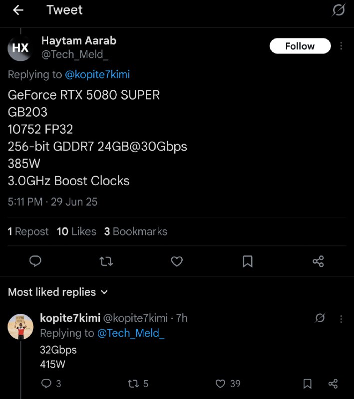 传英伟达 RTX 50 Super 系列显卡将大幅提升显存根据硬件爆料者在社交媒体上发布的信息，英伟达或将推出 RTX 50 Super 系列桌面显卡