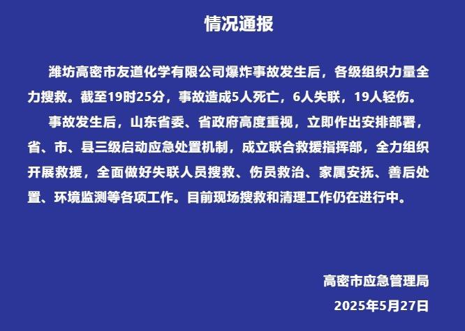 山东一化工厂爆炸5人死亡6人失联5月27日11时57分，山东省高密市友道化学有限公司发生爆炸，已致5人死亡、6人失联、19人受伤