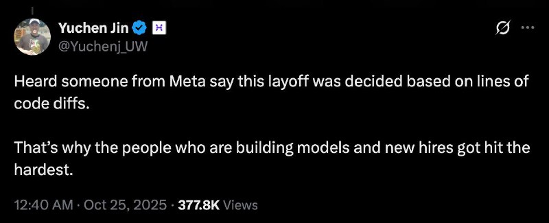 Meta 裁员据传基于代码提交量决定Hyperbolic CTO 金宇晨透露，Meta 内部人士称此次裁员是基于代码差异行数（lines of code diffs）来决定的
