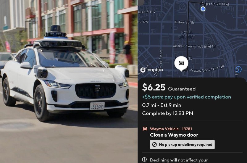 自动驾驶公司 Waymo 被曝要求外卖员协助其关闭自动驾驶车辆车门谷歌母公司旗下自动驾驶公司Waymo 在部分配送场景中，请求在附近送货的 DoorDash（美国外卖平台）外卖送餐人员协助关闭其自动驾驶车辆的车门