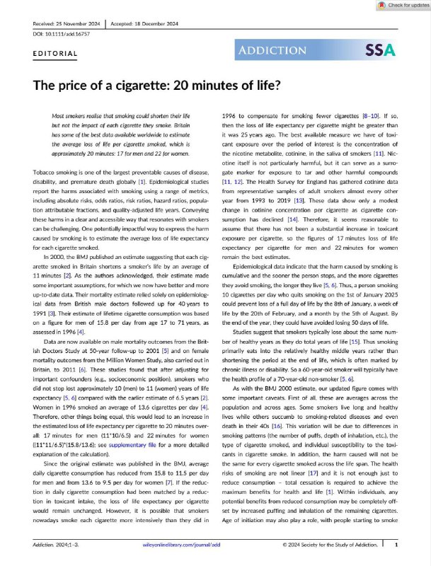 每支烟少活20分钟！最新研究揭示吸烟危害英国伦敦大学学院 (University College London) 的一项最新研究显示，每吸一支烟平均会缩短寿命约20分钟，男性为17分钟，女性为22分钟！这项发表在《Addiction》期刊上的研究，基于英国医生研究 (British Doctors Study) 和百万女性研究 (Million Women Study) 等大型数据，更新了2000年英国医学杂志 (BMJ) 的估算