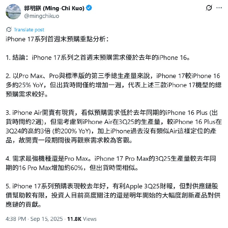 郭明錤：苹果  iPhone 17 系列首周末预售表现好于 iPhone 16，需求最强机型还是 Pro Max天风国际证券知名苹果分析师郭明錤表示，iPhone 17 系列首周末预售表现好于去年的 iPhone 16，需求最强的机型仍然是 Pro Max