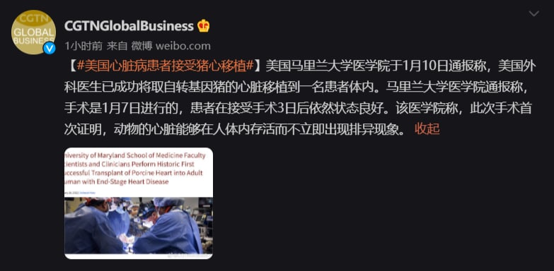 美国心脏病患者接受猪心移植美国马里兰大学医学院于1月10日通报称，美国外科医生已成功将取自转基因猪的心脏移植到一名患者体内